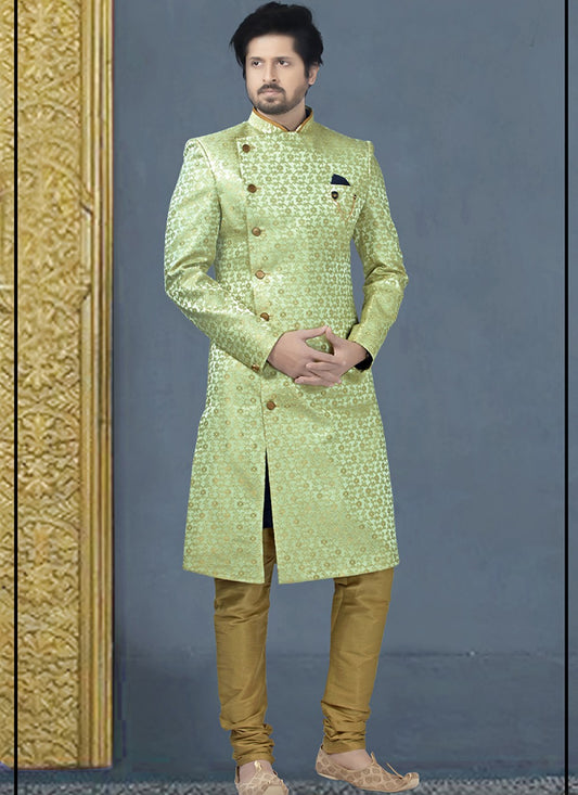 Embroidered Jacquard Green Indo Western - M1155