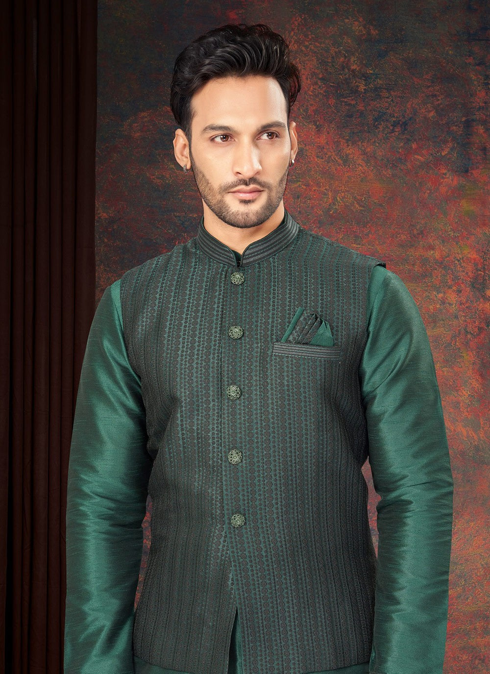 Embroidered Jacquard Green Kurta Payjama With Jacket - M7191