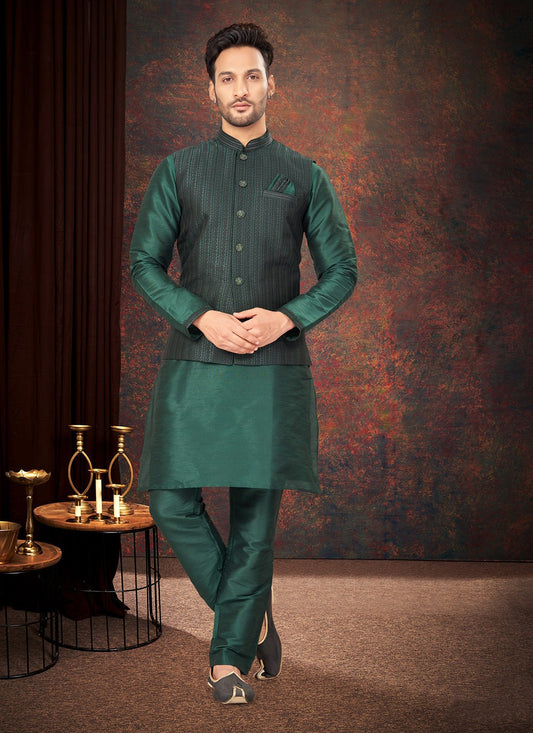 Embroidered Jacquard Green Kurta Payjama With Jacket - M7191