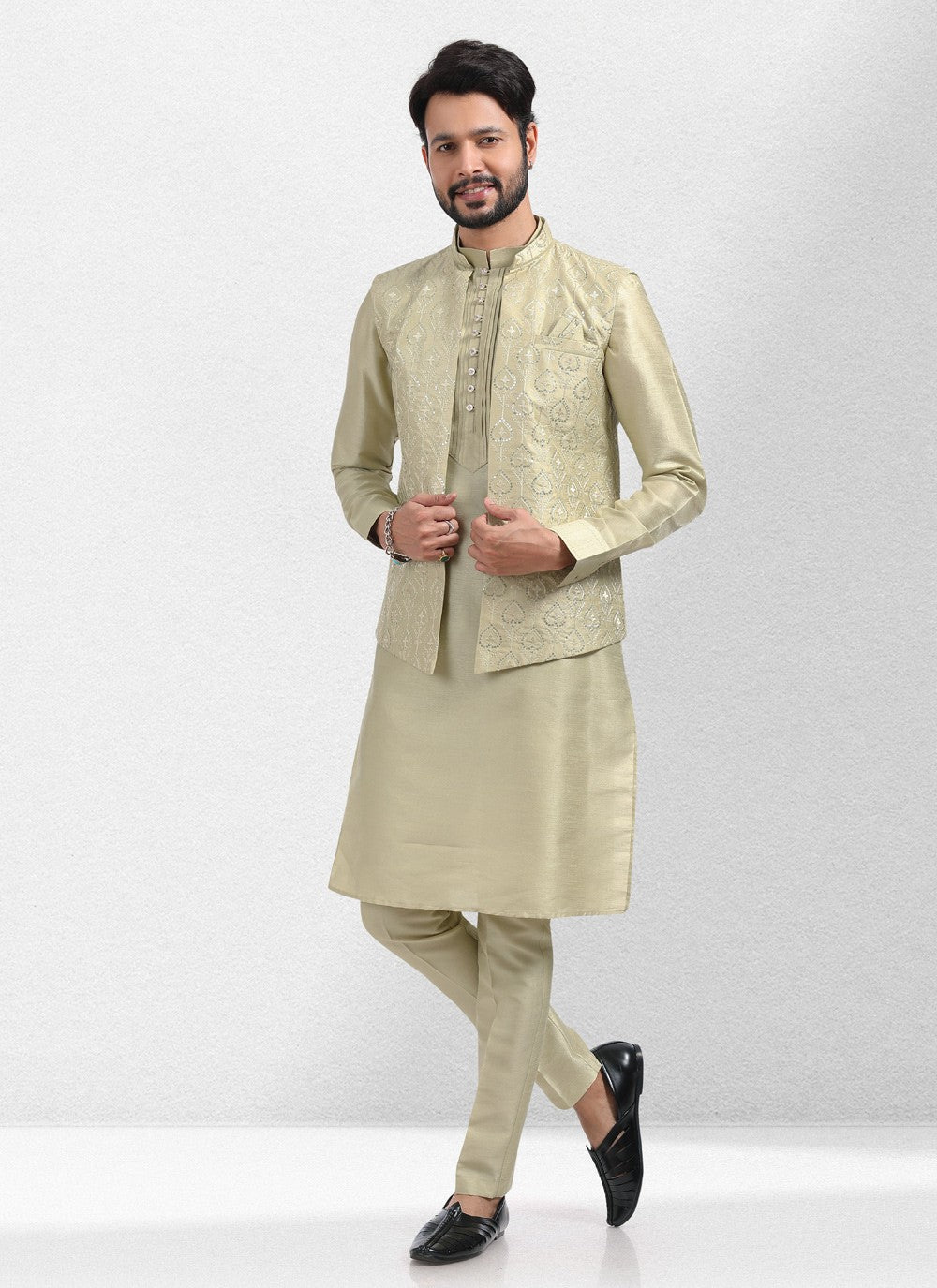 Embroidered Banarasi Silk Green Kurta Payjama With Jacket - M5133