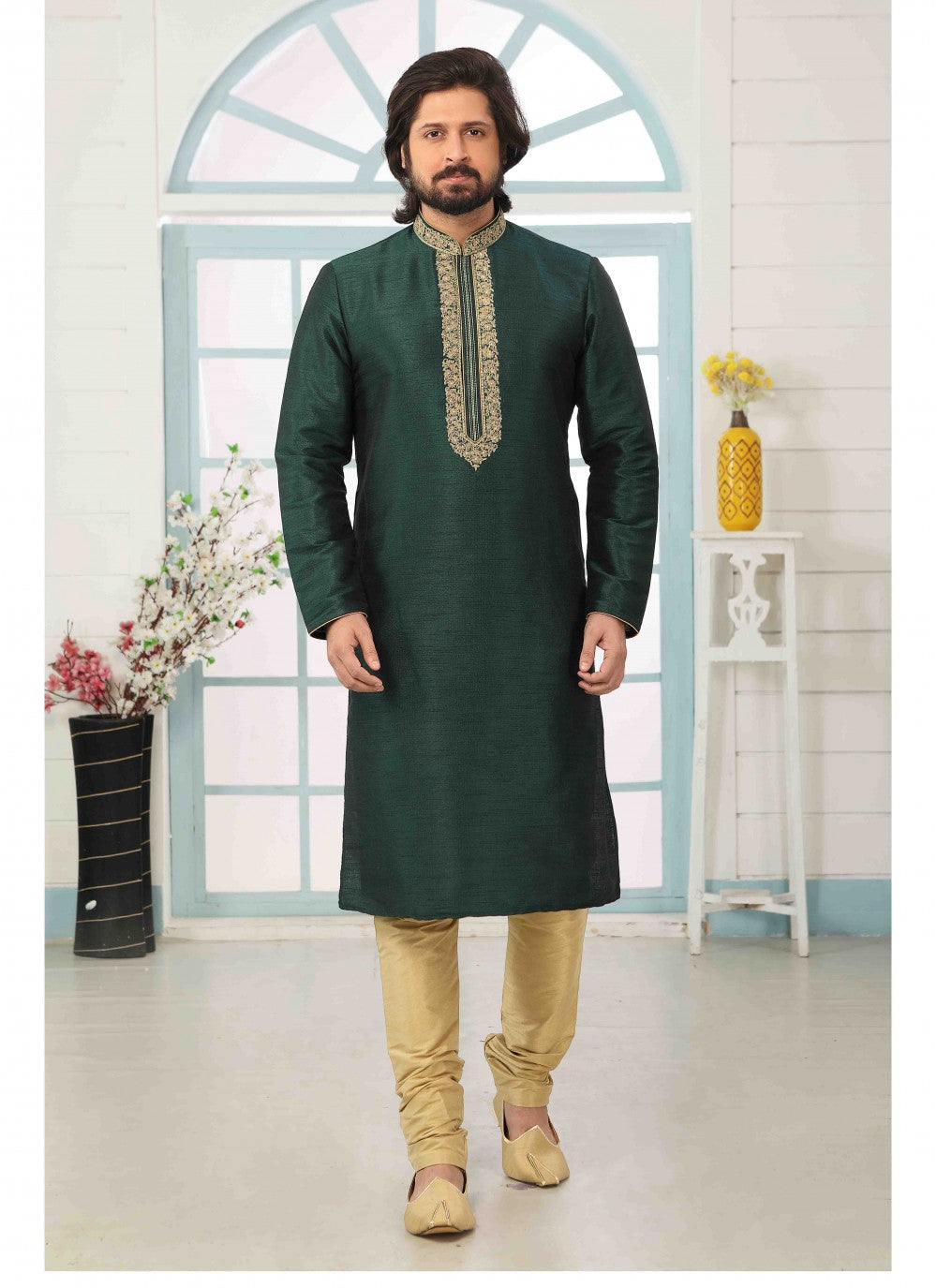 Embroidered Art Silk Green Kurta Pyjama - M1804