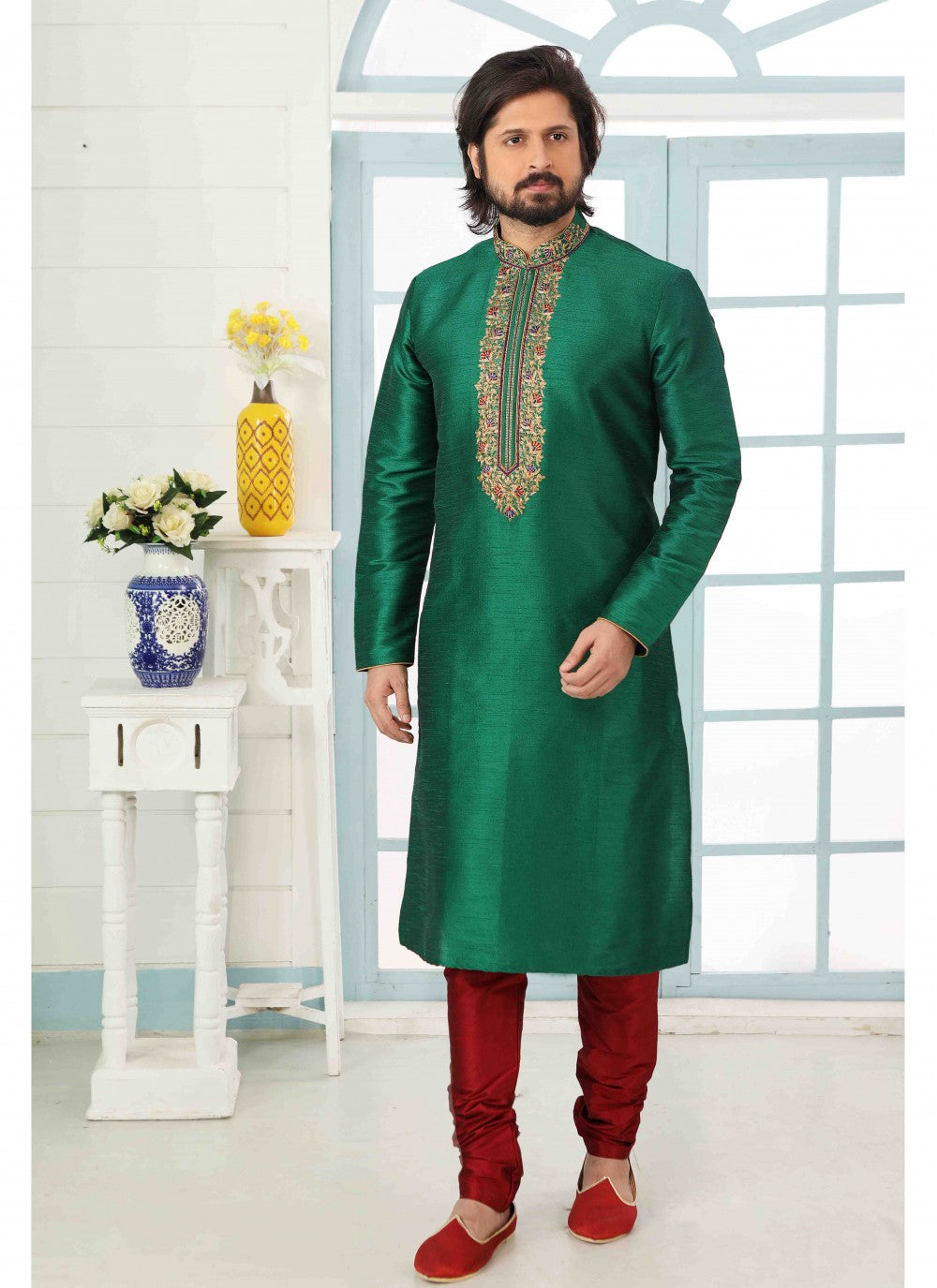 Embroidered Banarasi Silk Green Kurta Pyjama - M1811