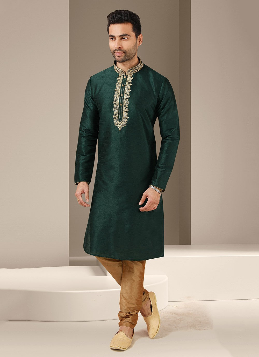 Embroidered Banarasi Silk Green Kurta Pyjama - M3240