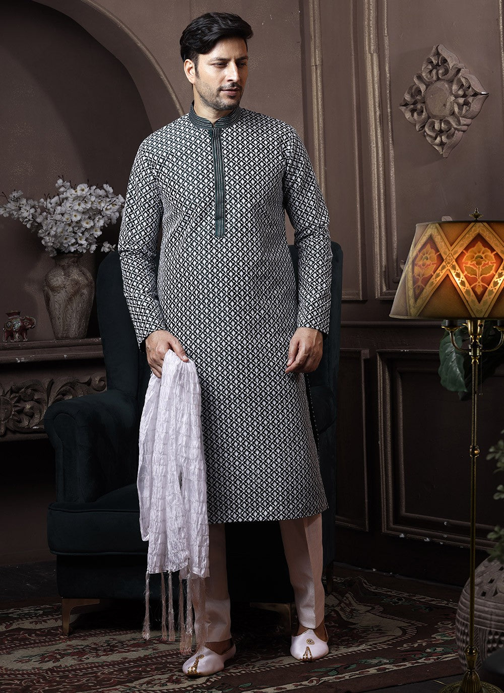 Embroidered Lucknowi, Silk Green Kurta Pyjama - M3650