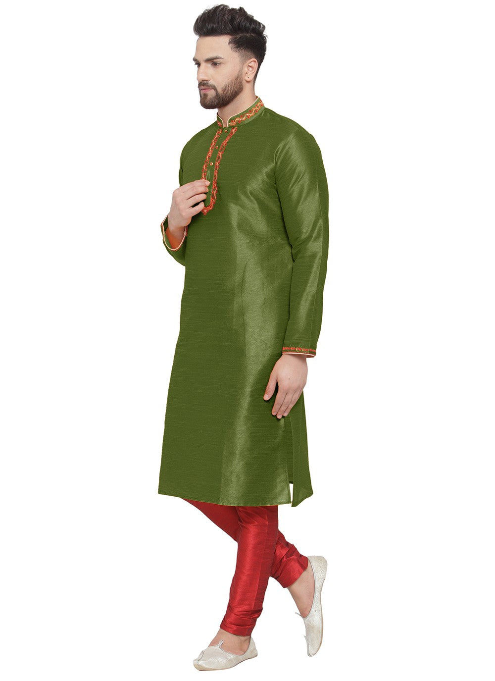 Embroidered Dupion Silk Green Kurta Pyjama - M7308