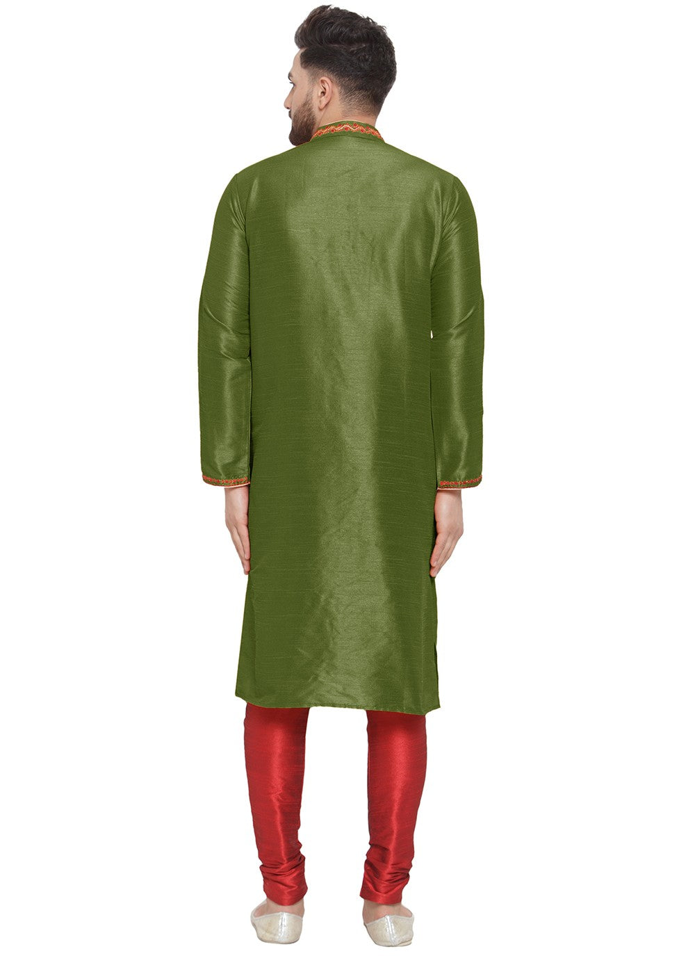 Embroidered Dupion Silk Green Kurta Pyjama - M7308