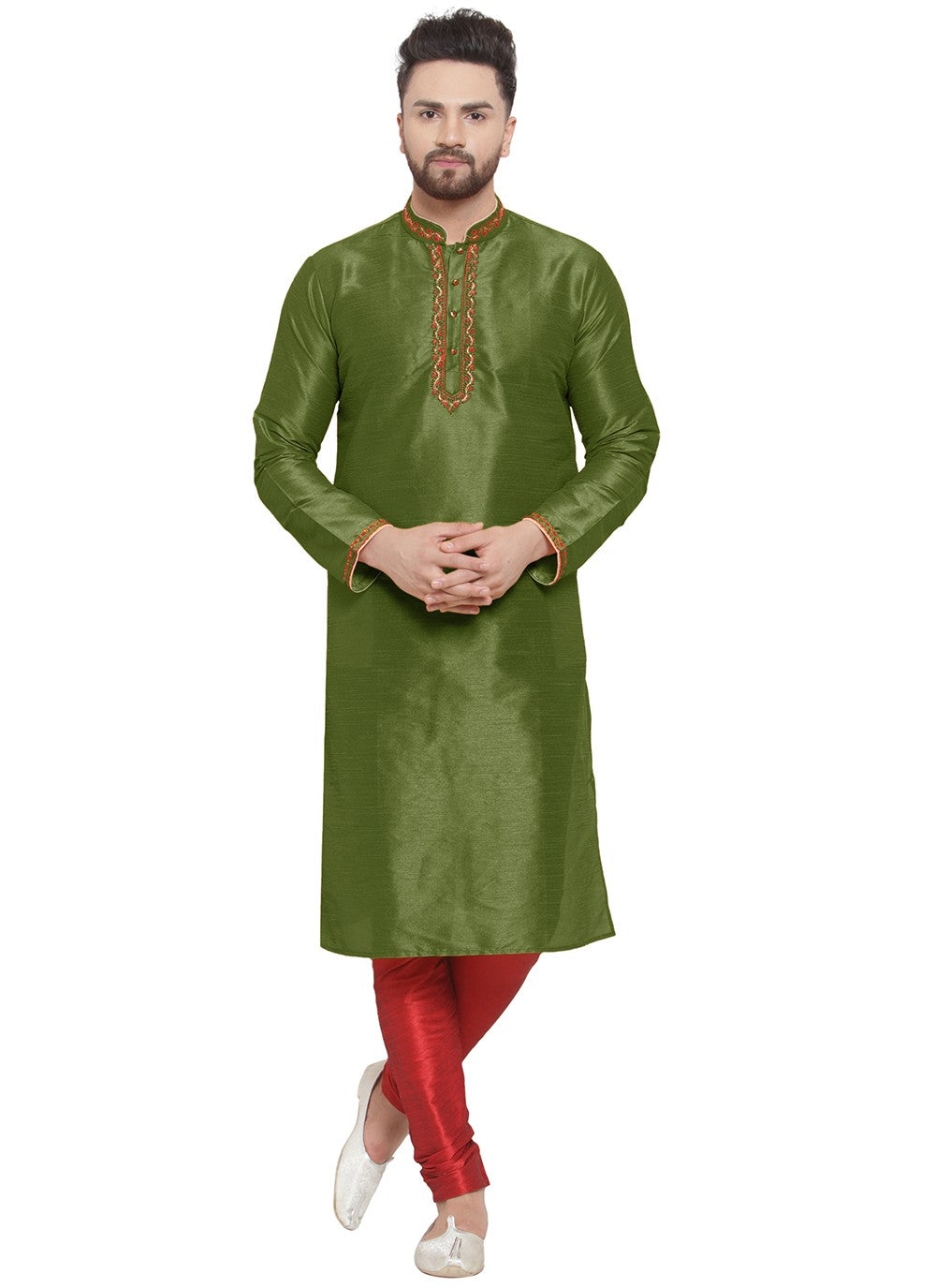 Embroidered Dupion Silk Green Kurta Pyjama - M7308