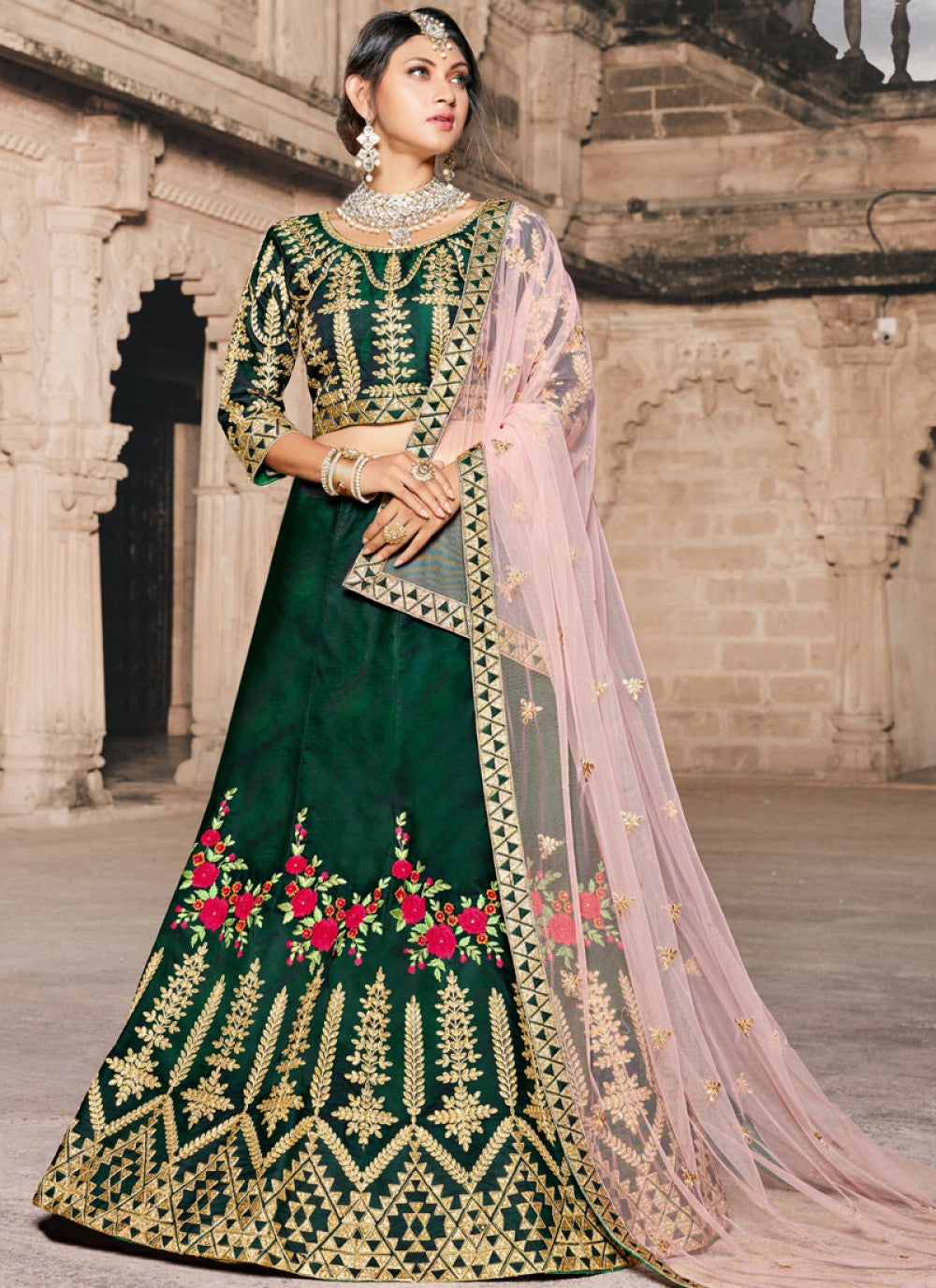 Embroidered Satin A - Line Lehenga - L0004