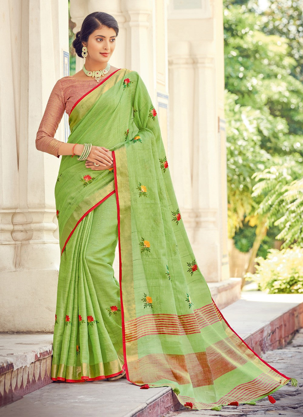 Classic Embroidered Linen Saree - S1523