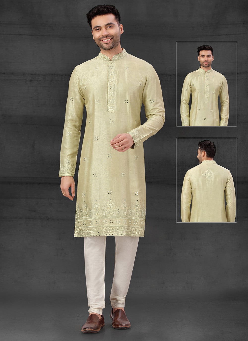 Embroidered Silk Green Kurta Pyjama - M4105