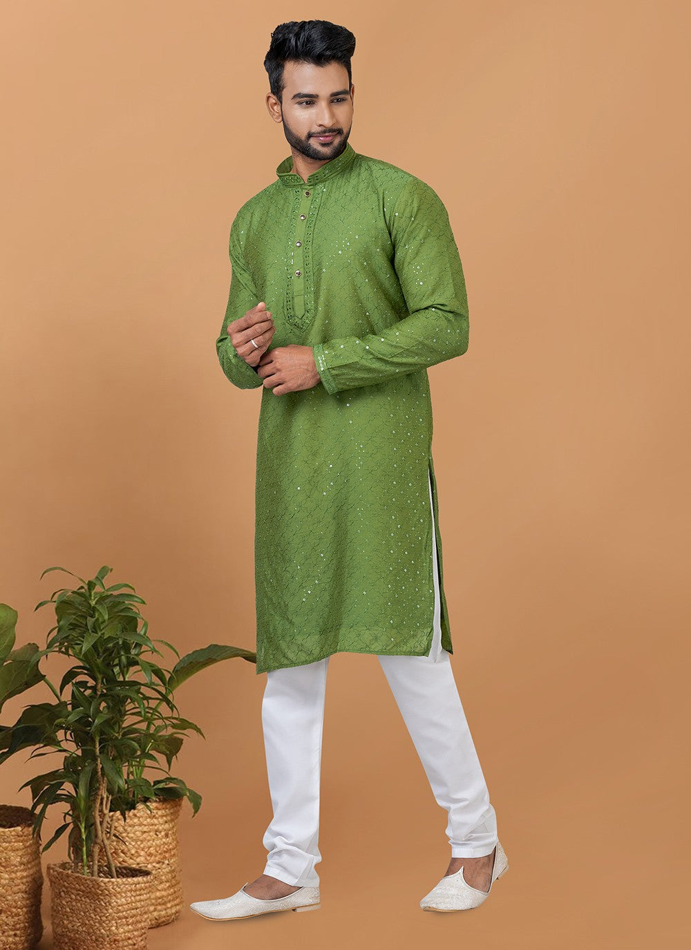 Embroidered Cotton , Viscose Green Kurta Pyjama - M6358