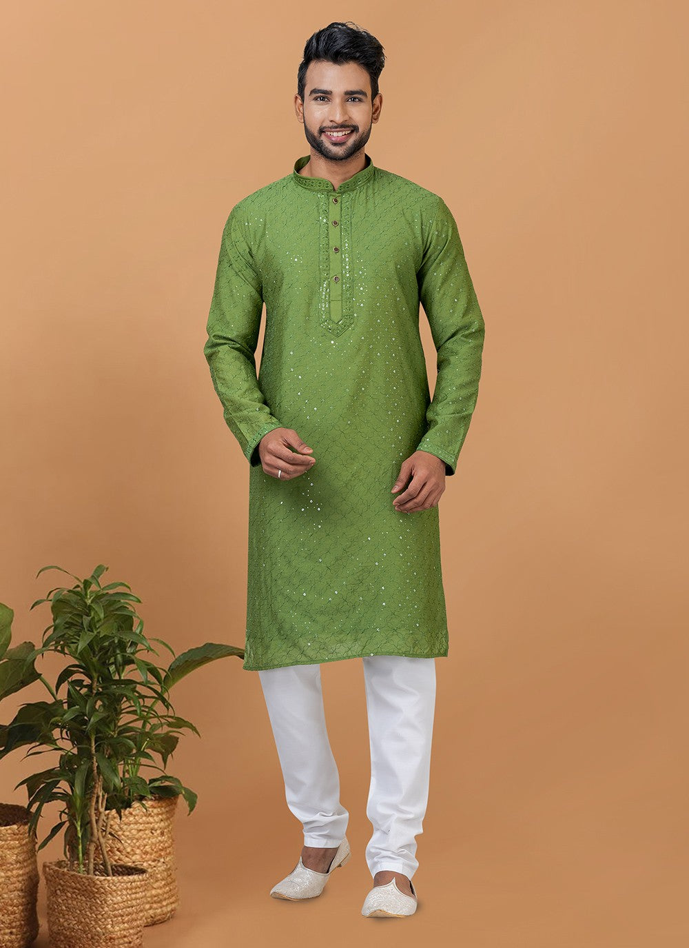 Embroidered Cotton , Viscose Green Kurta Pyjama - M6358