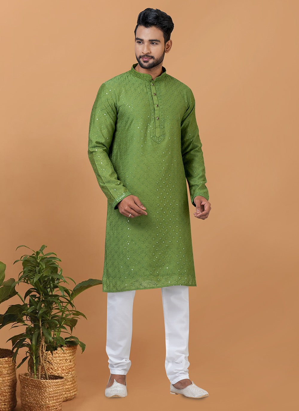 Embroidered Cotton , Viscose Green Kurta Pyjama - M6358