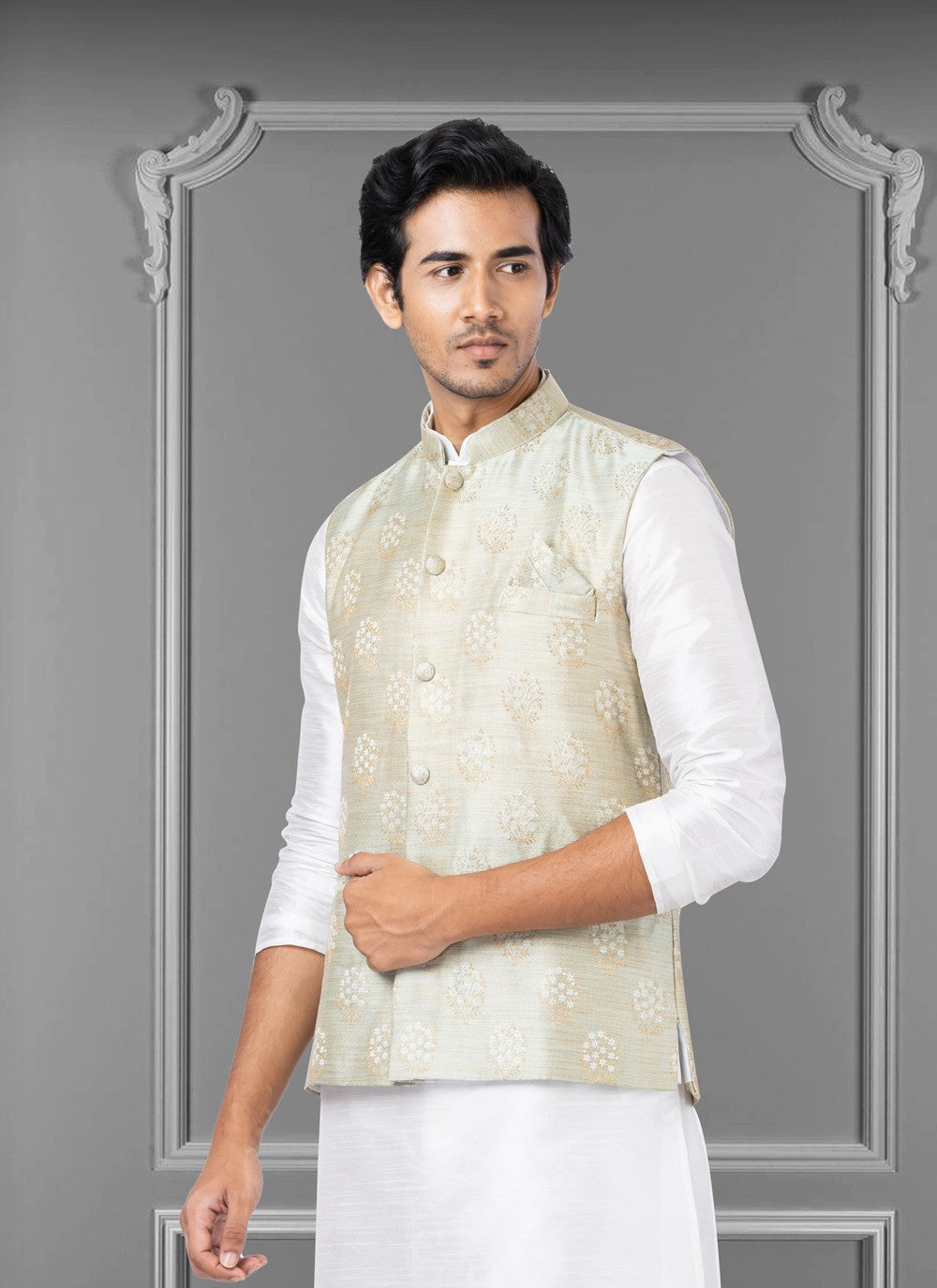 Embroidered Jacquard Silk Green Nehru Jackets - M3824