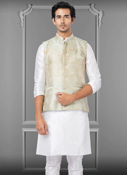 Embroidered Jacquard Silk Green Nehru Jackets - M3824