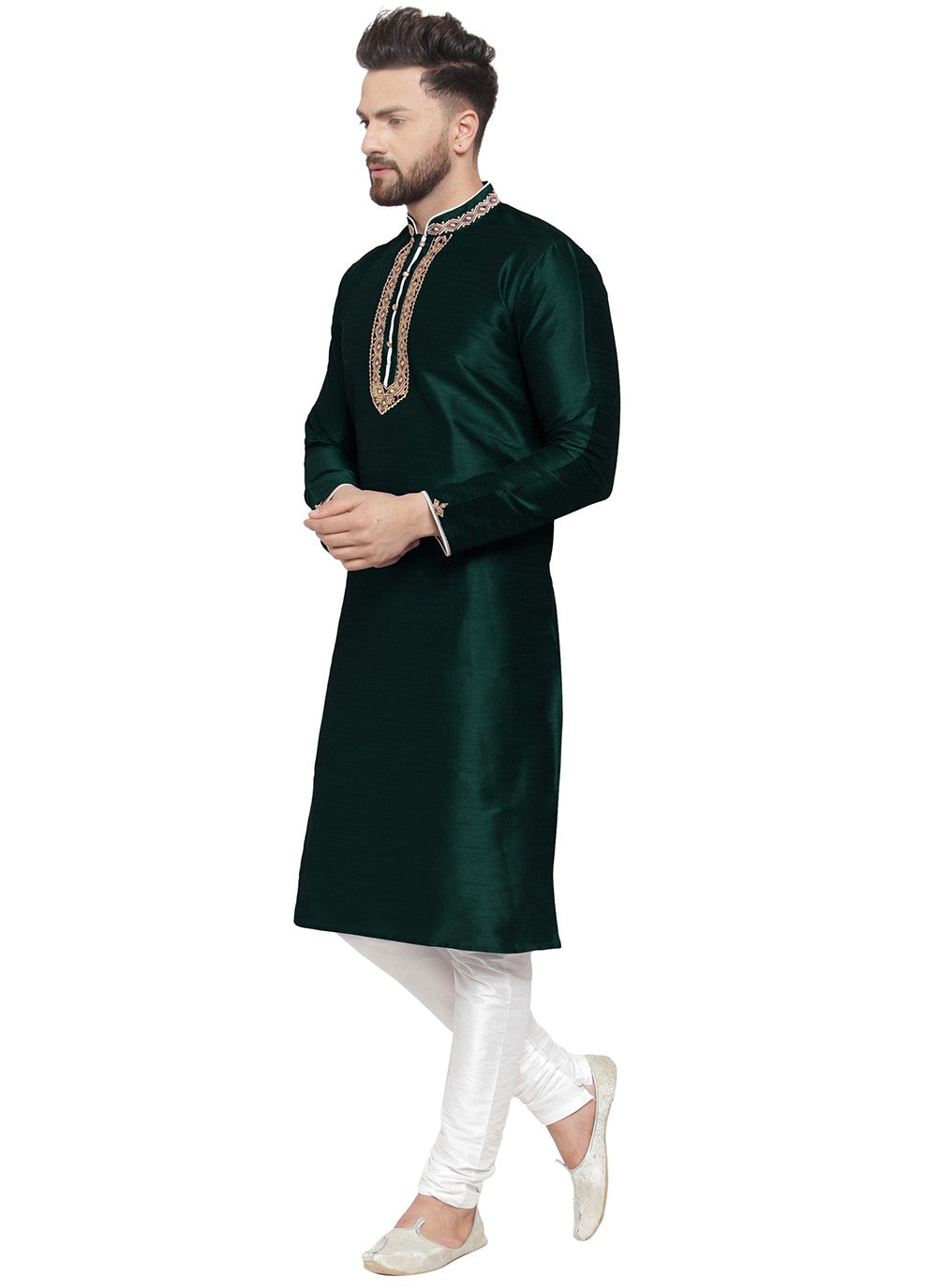 Embroidered Dupion Silk Green Kurta Pyjama - M7337