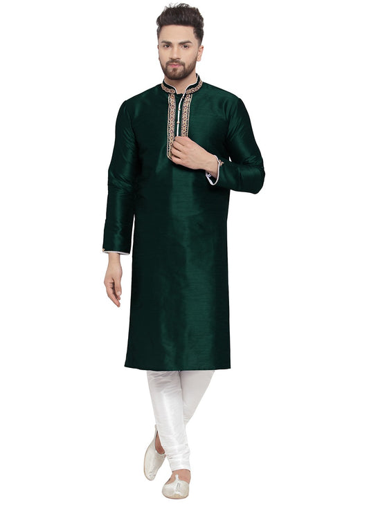 Embroidered Dupion Silk Green Kurta Pyjama - M7337