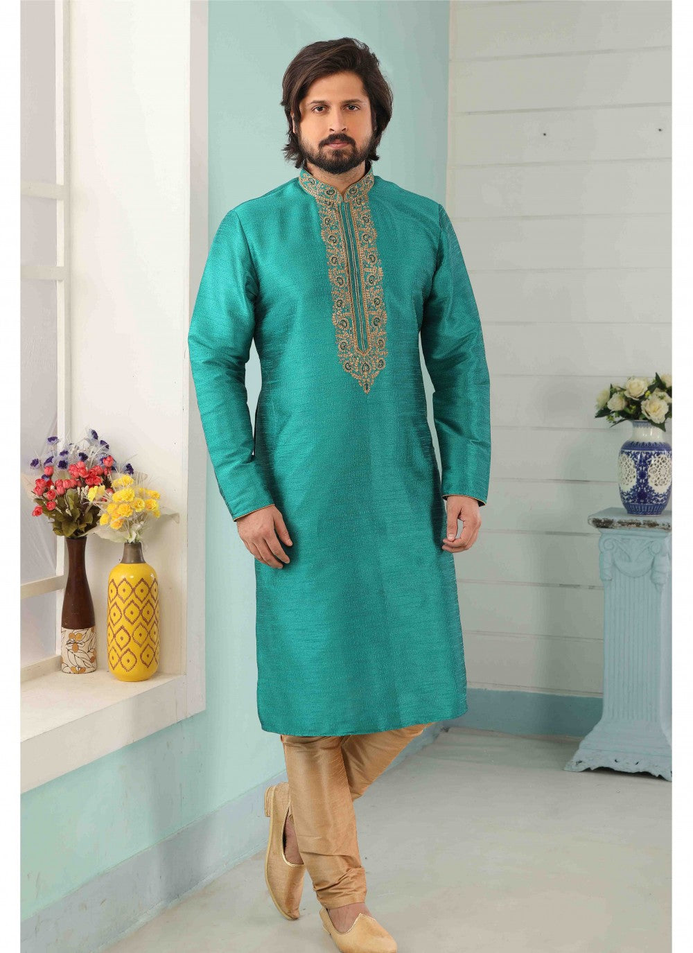 Embroidered Banarasi Silk Green Kurta Pyjama - M1812