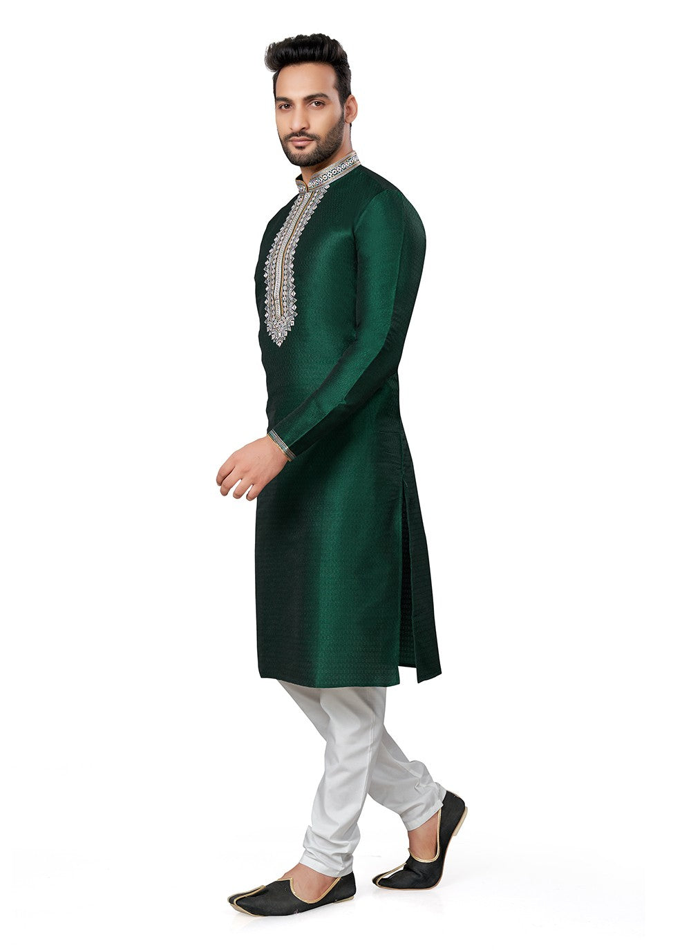 Embroidered Silk Green Kurta Pyjama - M6396