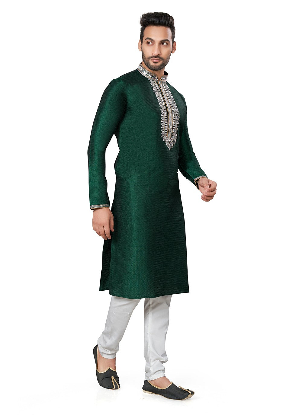 Embroidered Silk Green Kurta Pyjama - M6396