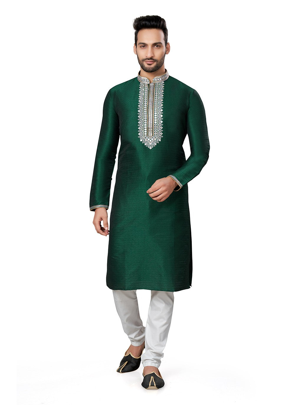 Embroidered Silk Green Kurta Pyjama - M6396