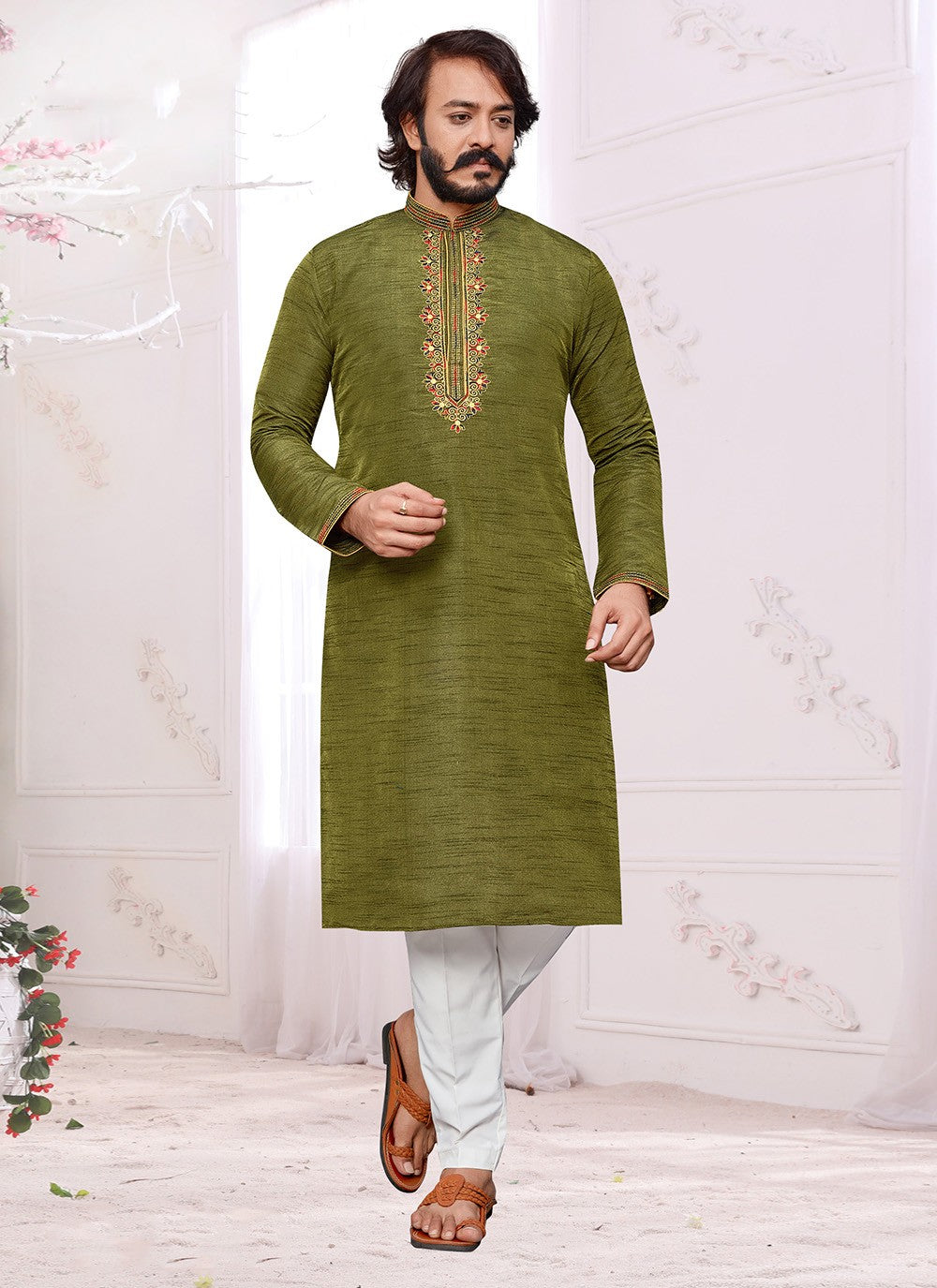 Embroidered Art Silk Green Kurta Pyjama - M2326