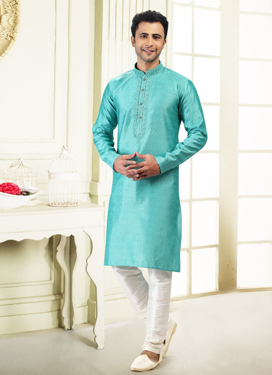 Fancy Work Banarasi Silk, Jacquard Green Kurta Pyjama - M4862