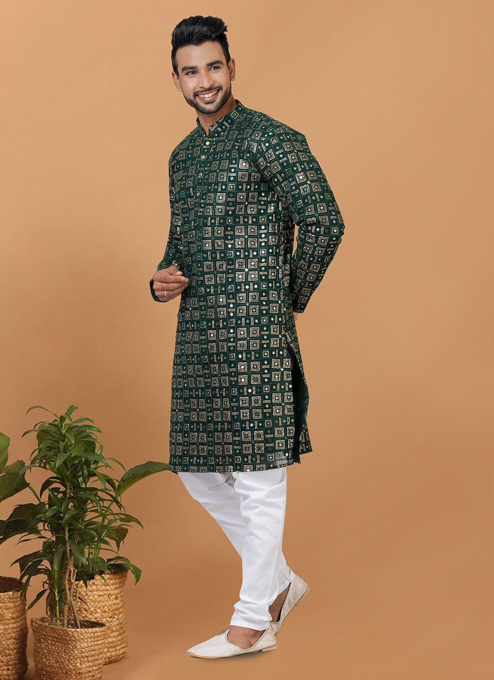 Embroidered Georgette Green Kurta Pyjama - M6245