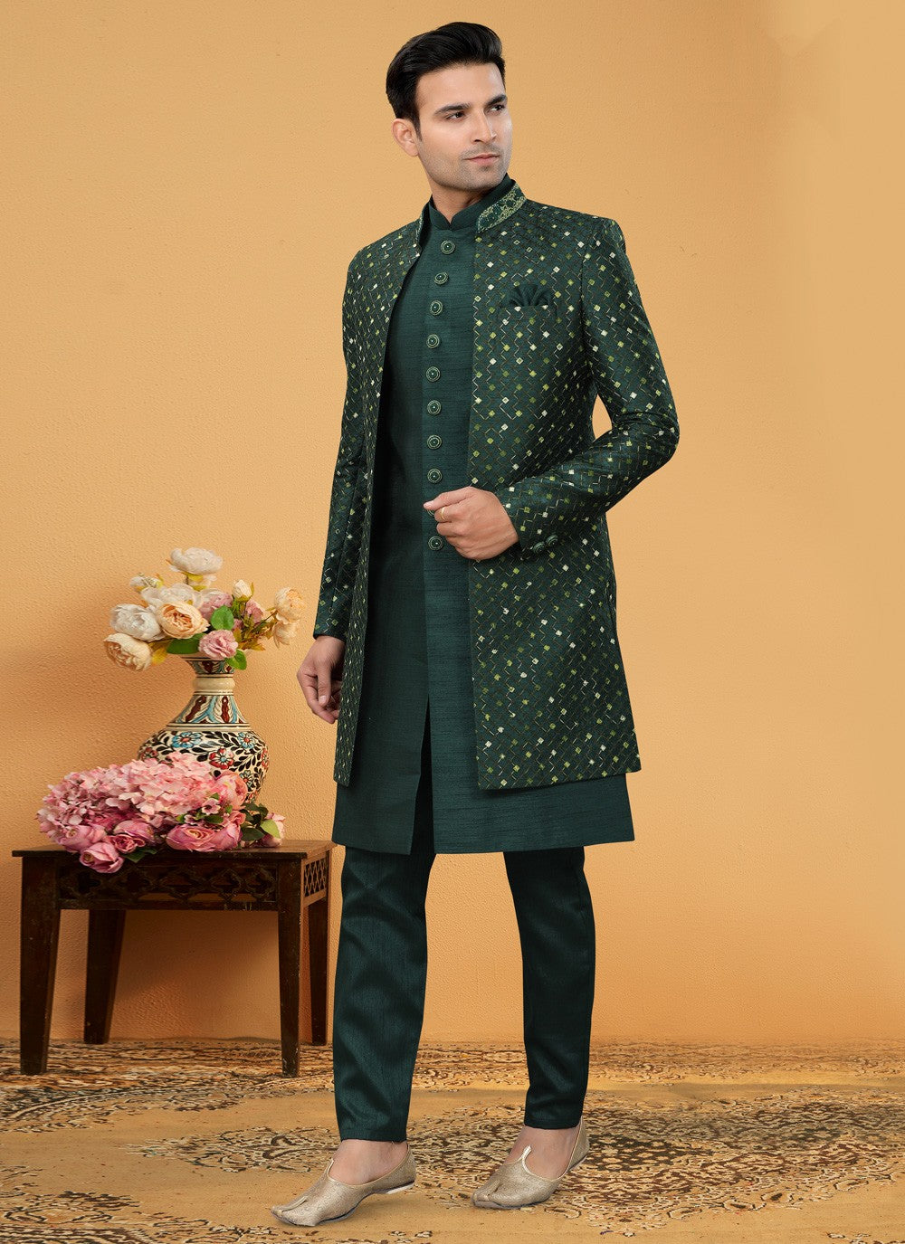 Hand Embroidery Art Silk Green Indo Western Sherwani - M5108