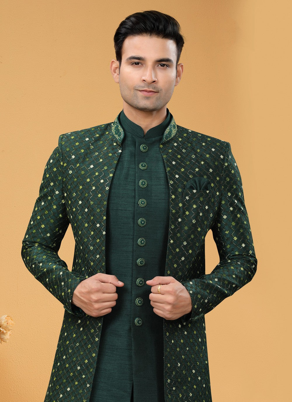 Hand Embroidery Art Silk Green Indo Western Sherwani - M5108