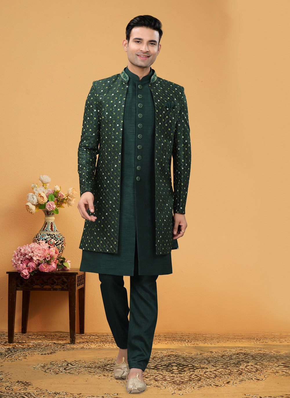 Hand Embroidery Art Silk Green Indo Western Sherwani - M5108