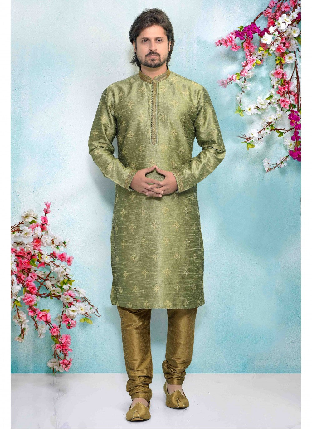 Printed Jacquard Silk Green Kurta Pyjama - M1676