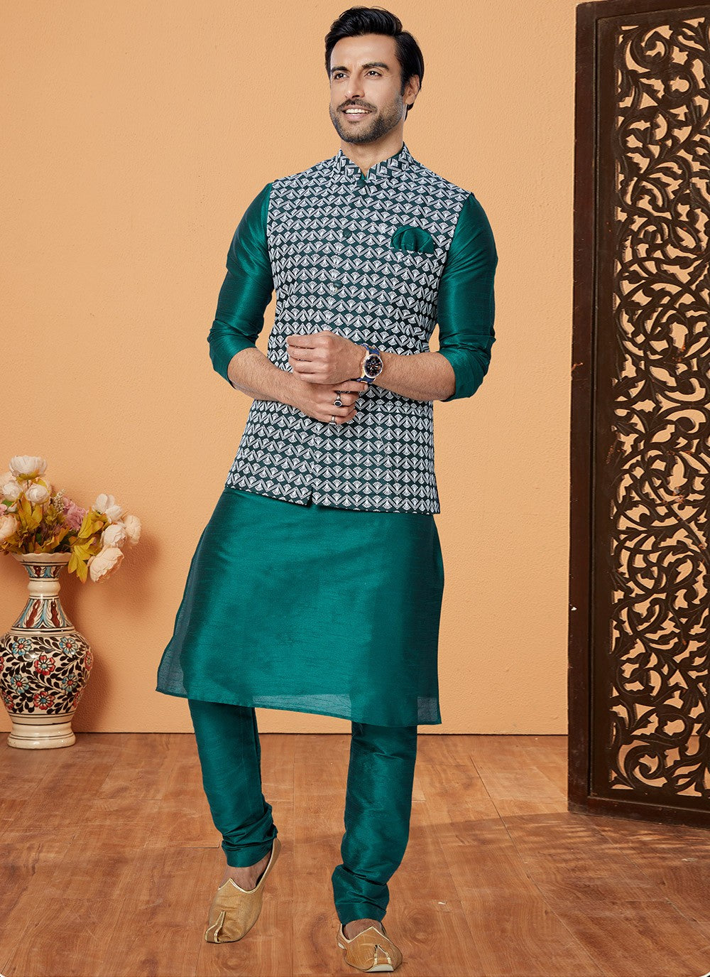 Fancy Work Banarasi Silk Green Kurta Payjama With Jacket - M5328