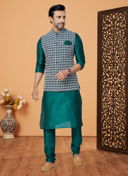 Fancy Work Banarasi Silk Green Kurta Payjama With Jacket - M5328