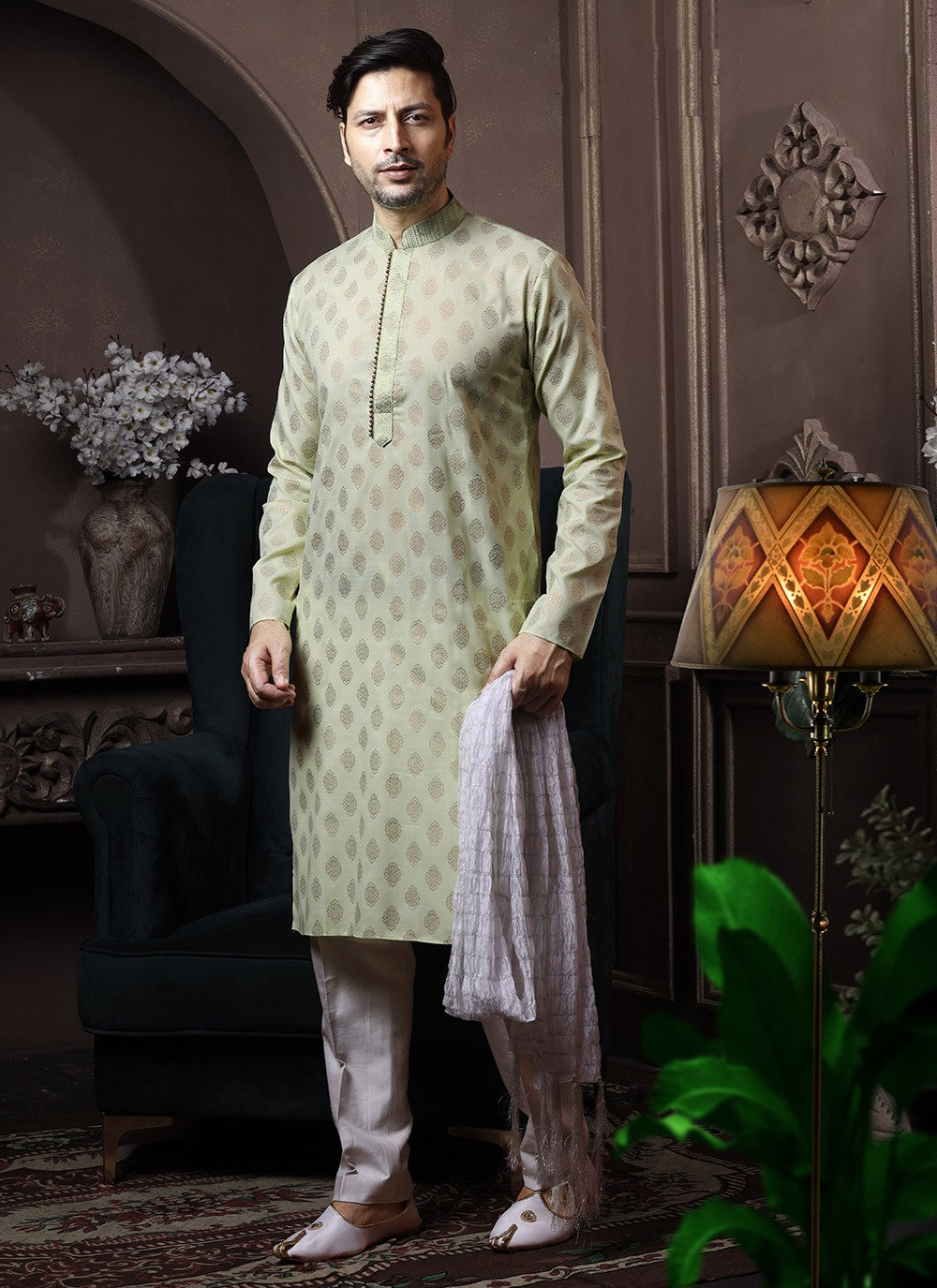 Printed Cotton Green Kurta Pyjama - M3600