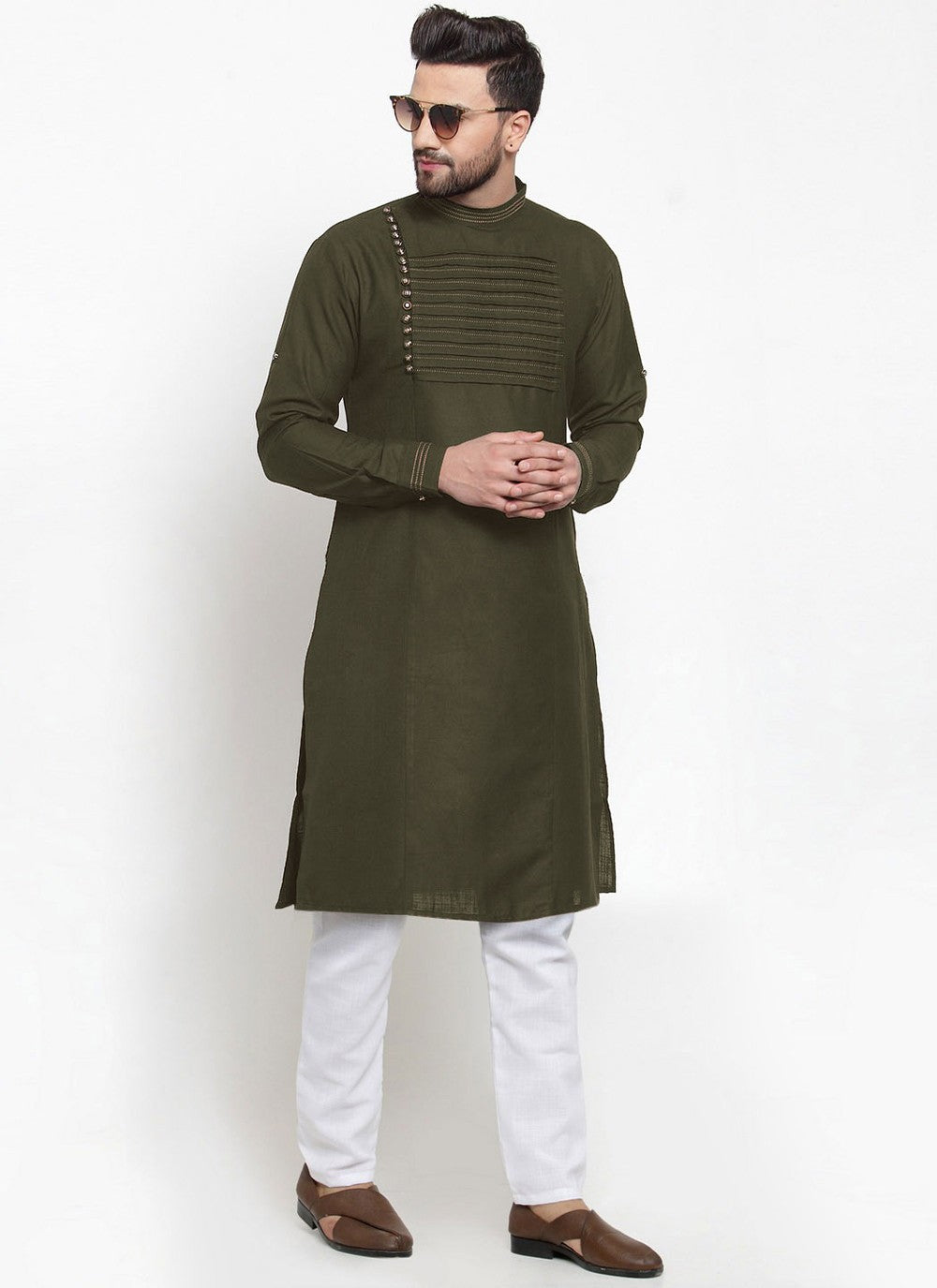 Embroidered Blended Cotton Green Kurta Pyjama - M4503