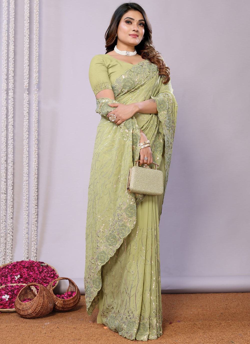 Sequins, Thread, Zari Net Saree - S11513