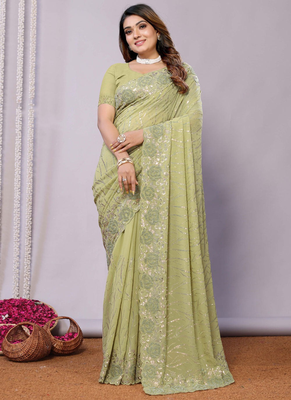 Sequins, Thread, Zari Net Saree - S11513