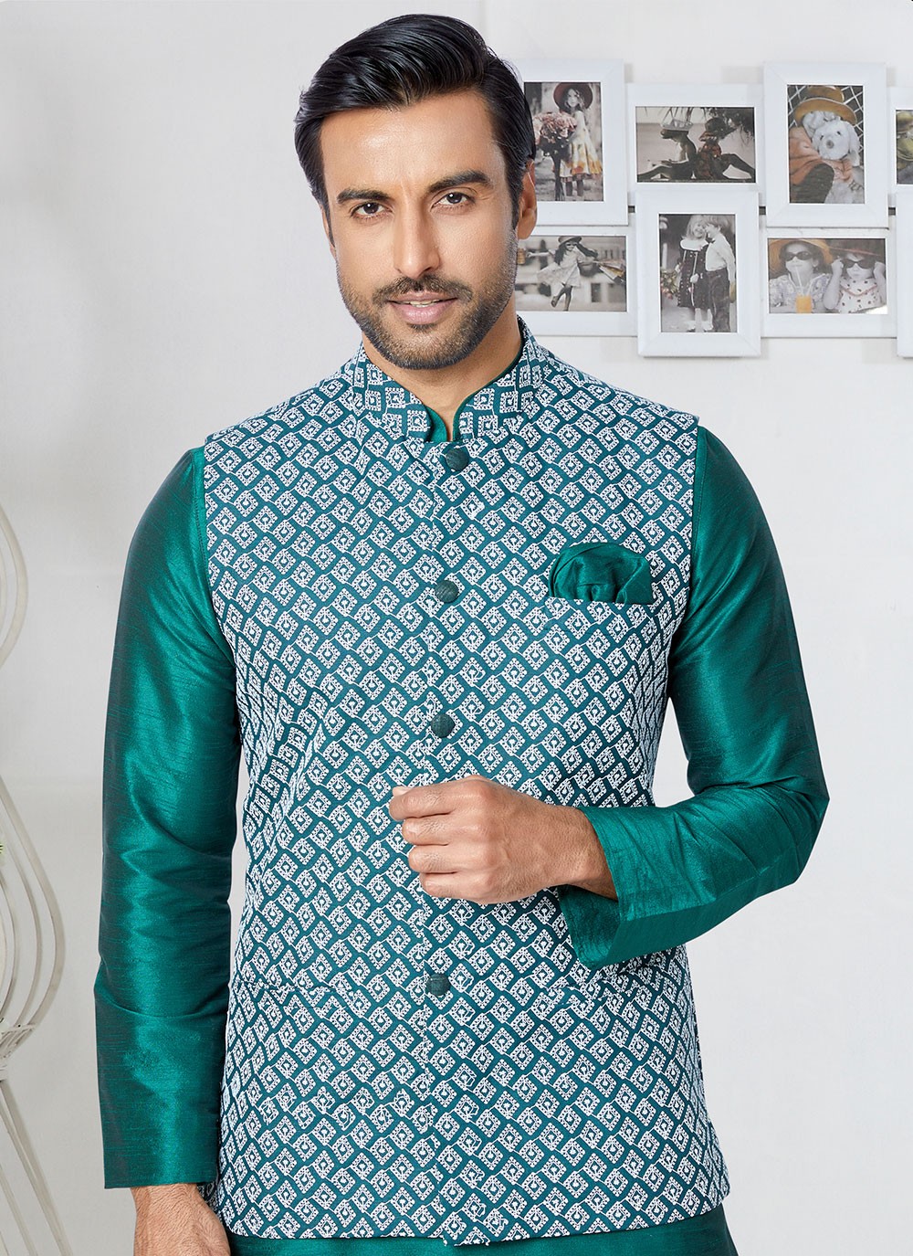 Fancy Work Banarasi Silk Green Kurta Payjama With Jacket - M5324