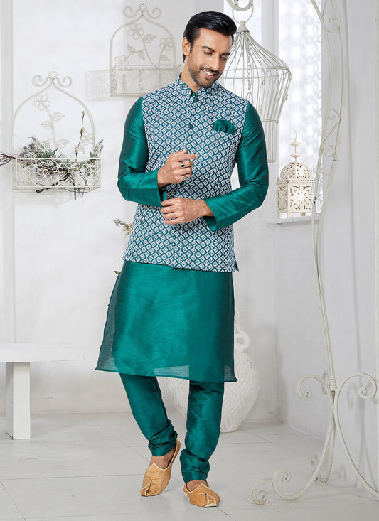 Fancy Work Banarasi Silk Green Kurta Payjama With Jacket - M5324