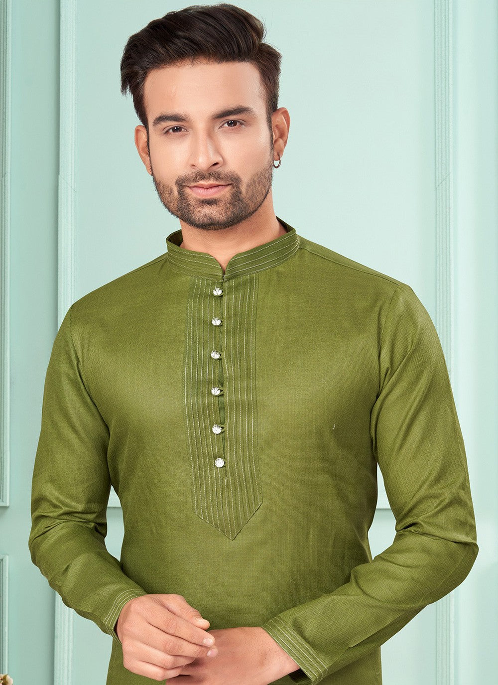 Fancy Work Cotton Green Kurta Pyjama - M7253