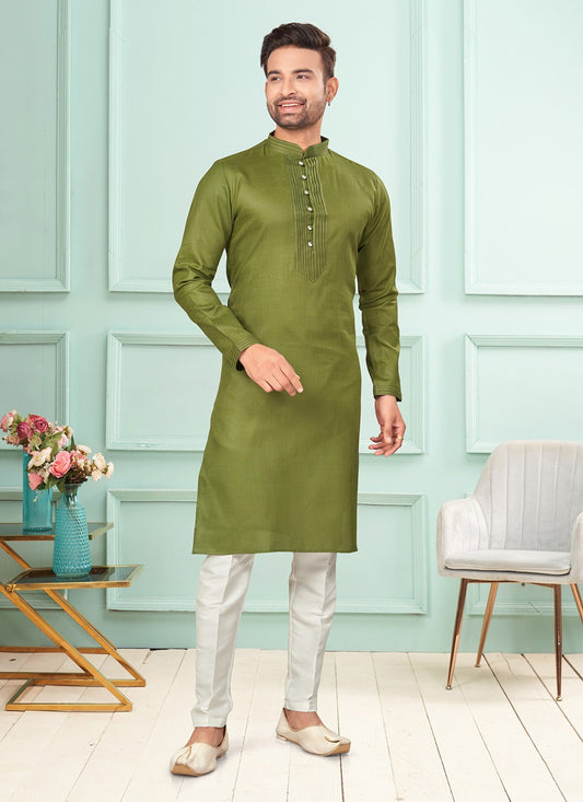 Fancy Work Cotton Green Kurta Pyjama - M7253