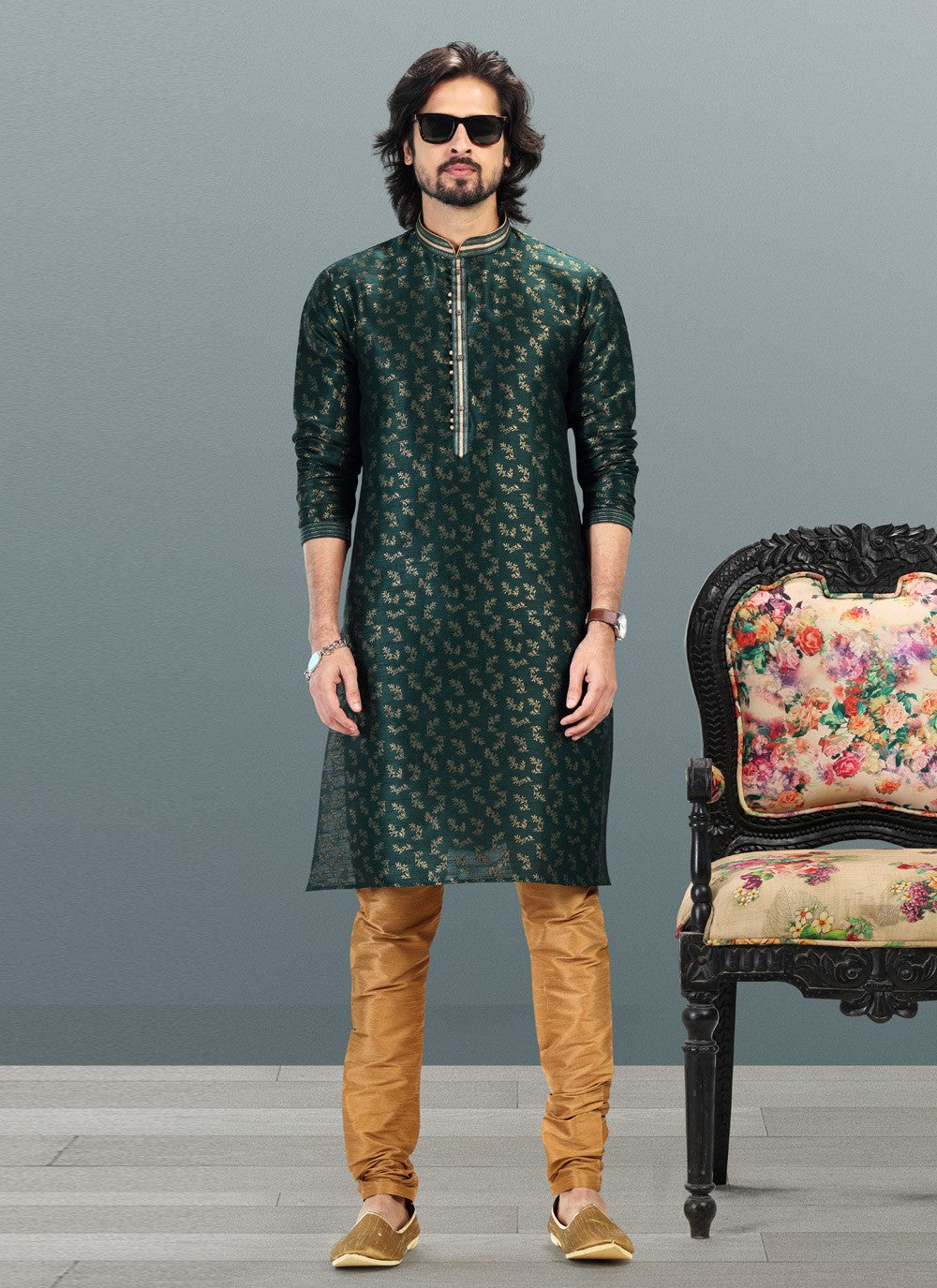 Fancy Work Banarasi Silk, Jacquard Green Kurta Pyjama - M4835