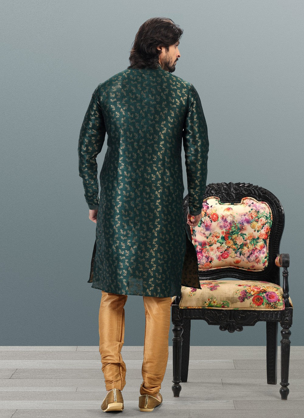 Fancy Work Banarasi Silk, Jacquard Green Kurta Pyjama - M4835