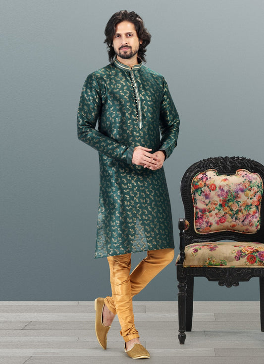 Fancy Work Banarasi Silk, Jacquard Green Kurta Pyjama - M4835