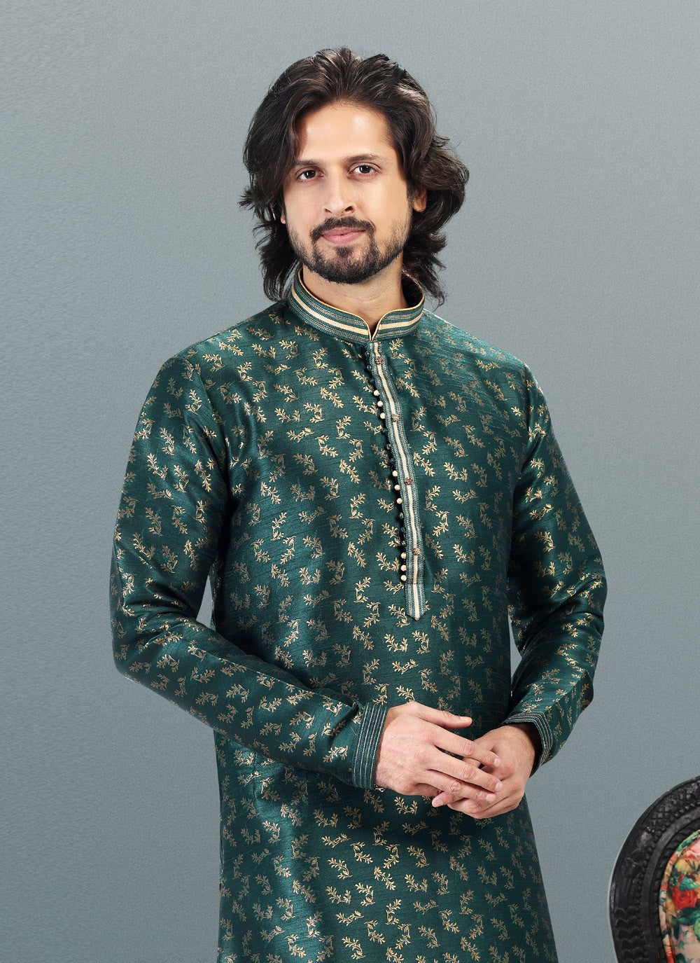 Fancy Work Banarasi Silk, Jacquard Green Kurta Pyjama - M4835