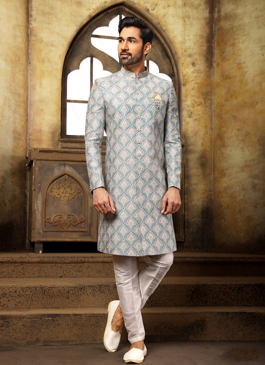 Digital Print Fancy Fabric Green Indo Western Sherwani - M3989