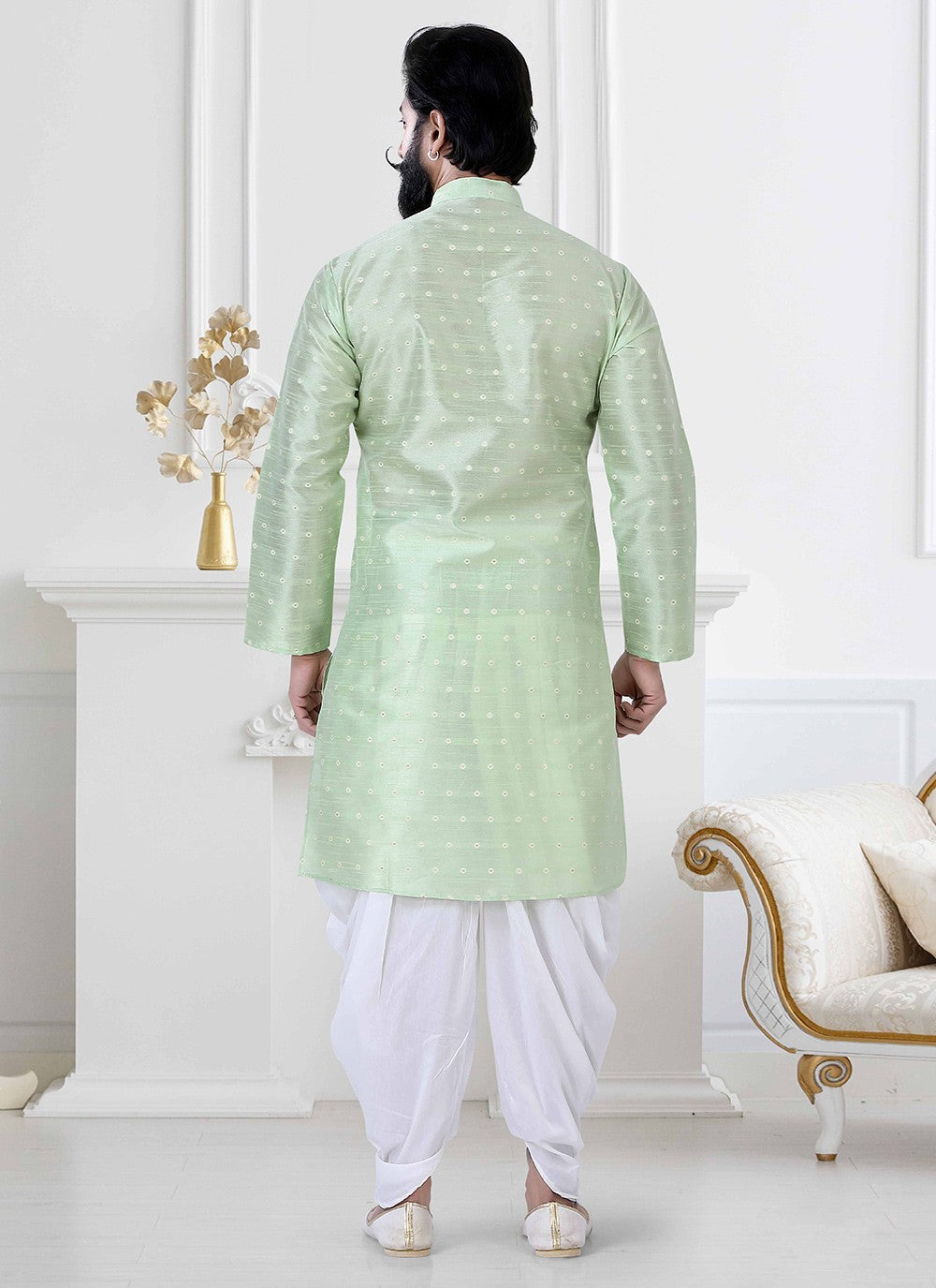 Fancy Work Silk Green Dhoti Kurta - M4169