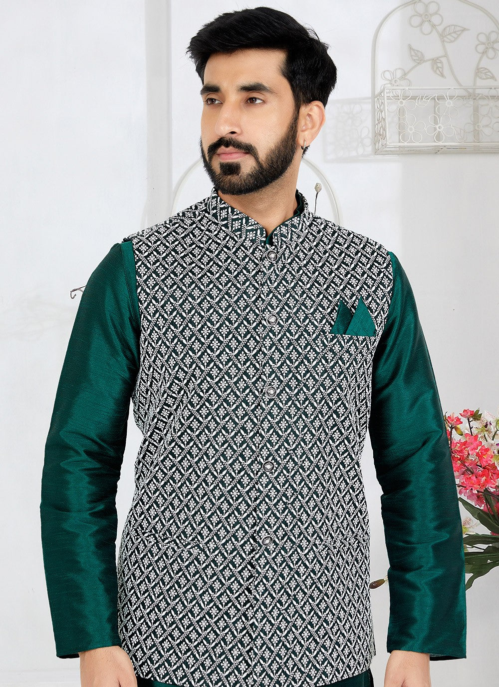 Fancy Work Banarasi Silk Green Kurta Payjama With Jacket - M5318