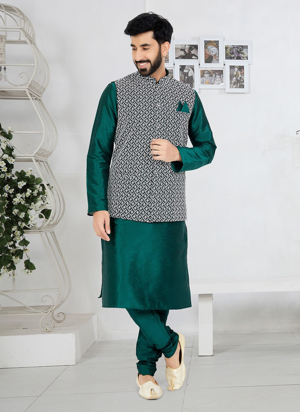 Fancy Work Banarasi Silk Green Kurta Payjama With Jacket - M5318